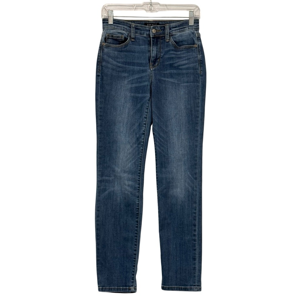 Judy Blue Jeans Women's 1/25 Blue Straight Leg Mid-Rise Stretch Whiskered Denim